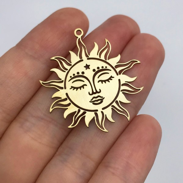 2pcs Raw Brass Sun Charm, Sun Face Earring Charm, Tribal Sun Charm for Jewelry Making, Celestial Sun, Laser Cut Jewelry Supplies  RW-1336